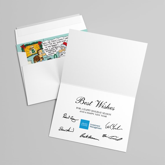 folded white holiday greeting card with "Best Wishes" printed message, signatures and envelope containing a colorful comic insert