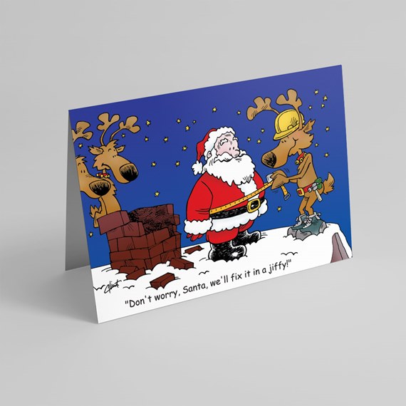 Folded cartoon holiday greeting card of Santa being measured by a hard-hat reindeer on a snowy rooftop with chimney and stars