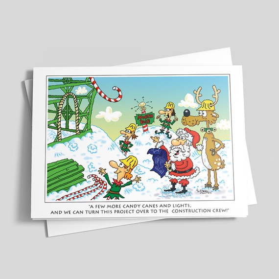 cartoon scene with Santa, elves, reindeer, and North Pole sign