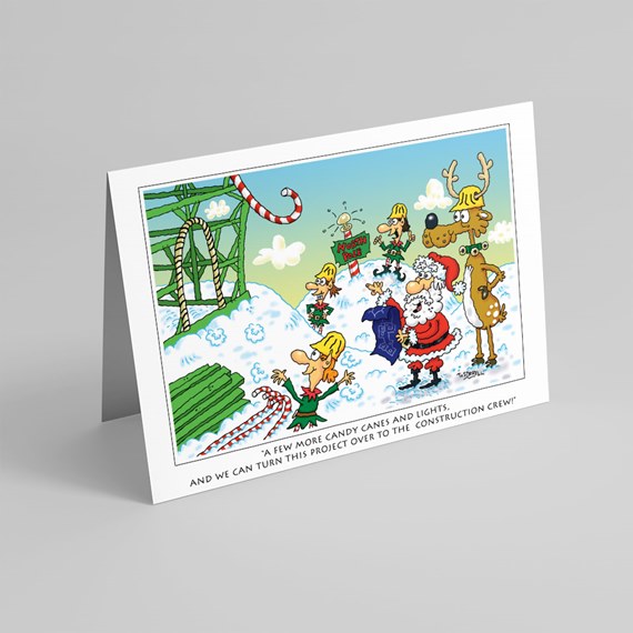 cartoon scene with Santa, reindeer, and elves in snow