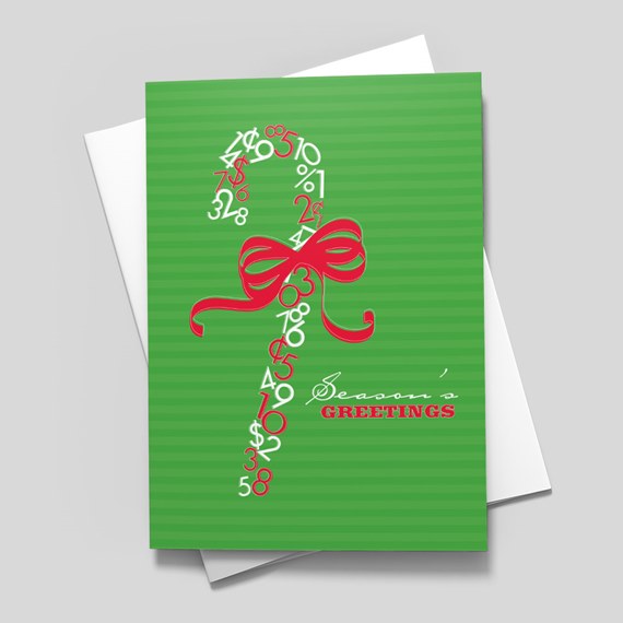 Green striped holiday card with candy cane of numbers, red bow, and "Season's Greetings" text