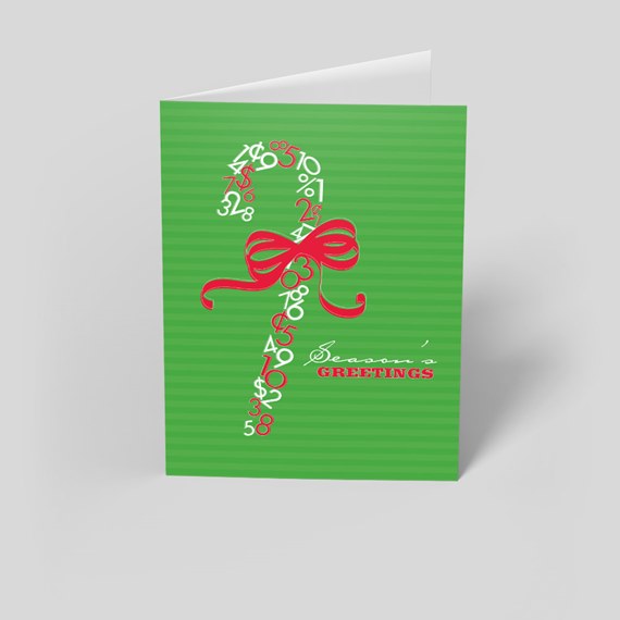 Green striped folded holiday card with numeric candy-cane design, red bow and 'Season's Greetings' text.