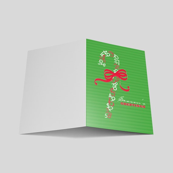 Green holiday greeting card with red bow forming a candy-cane made of white numbers; blank interior.