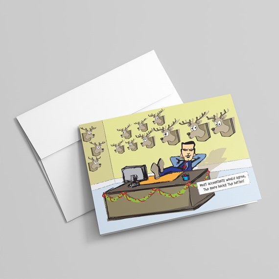 cartoon illustration of man at desk with deer heads and text