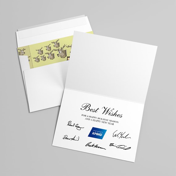 holiday card with reindeer design and logo placeholder