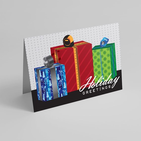 Folded holiday greeting card with three illustrated wrapped presents and 