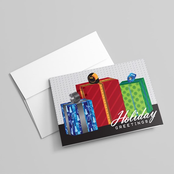 Folded holiday greeting card with illustrated red, blue and green gift boxes and envelope