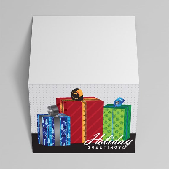 Folded holiday greeting card with red, blue and green gift boxes and Holiday Greetings text