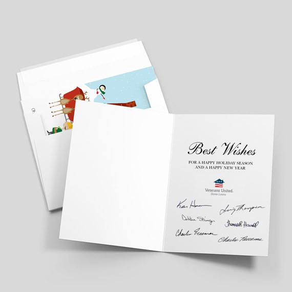 Folded holiday greeting cards and envelopes, open card with 'Best Wishes' printed message and signatures, winter illustration with reindeer