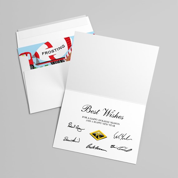 Folded white greeting card with 'Best Wishes' message and signatures, paired with an envelope with a colorful truck and 'Frosting' liner
