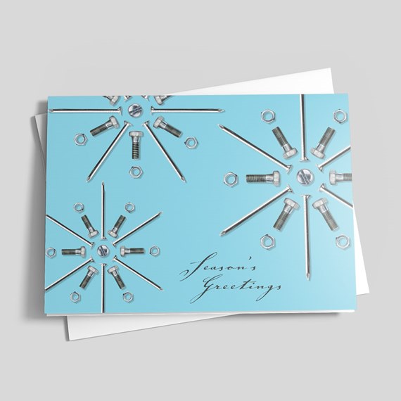 greeting card with metallic hardware design and text