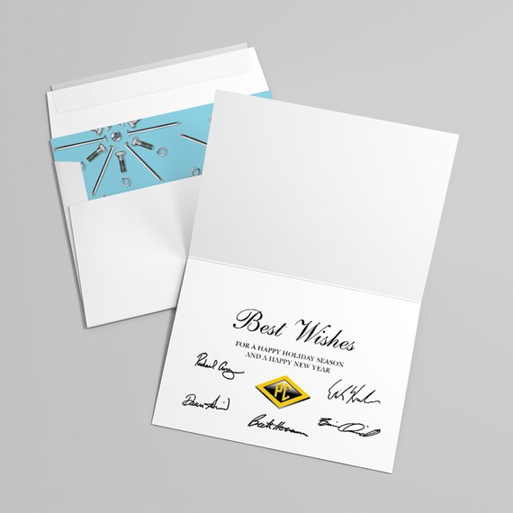 greeting card with logo and signatures, envelope with tool design