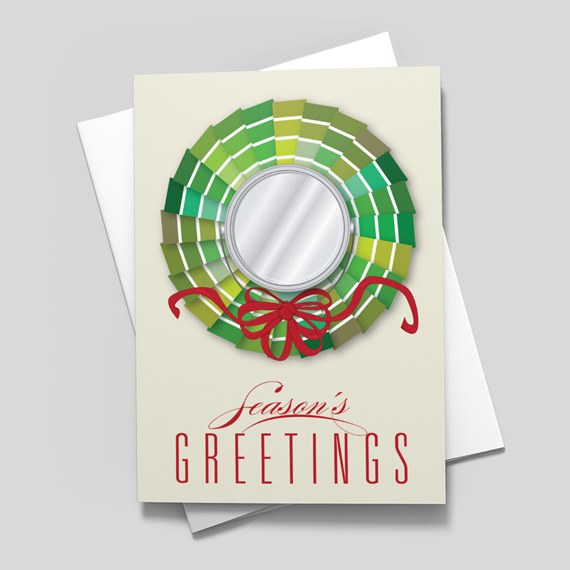 holiday card with wreath and mirror, red bow, customizable text area