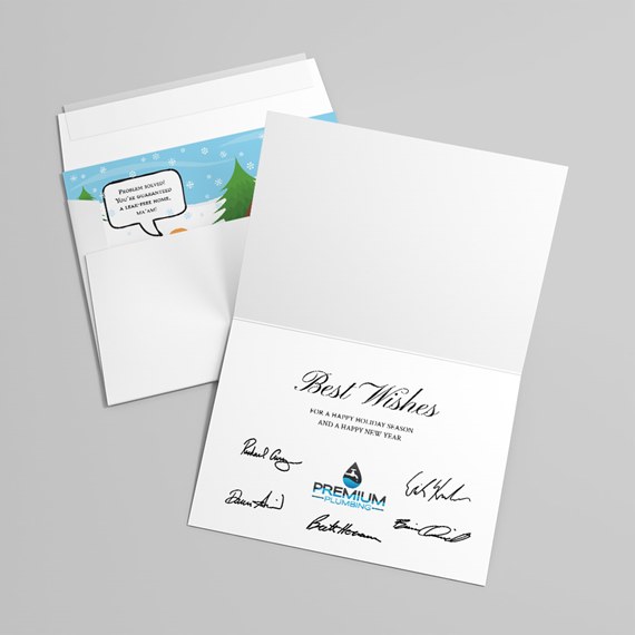 holiday card with blue interior and decorative text