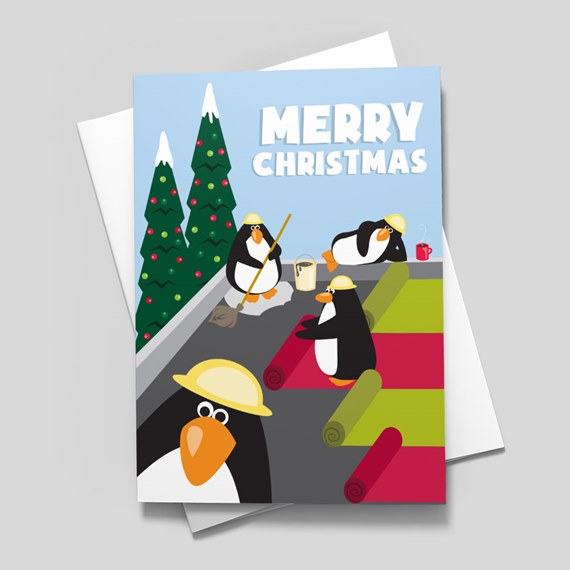 cartoon penguins preparing for Christmas on a rooftop, colorful mats, trees