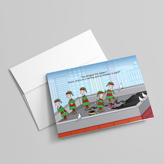 Greeting card with cartoon elves in red and green on a city rooftop with pigeons and skyline, shown with white envelope
