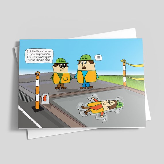 cartoon construction scene with workers and a mishap