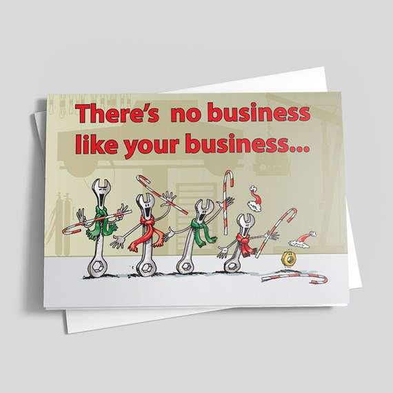 cartoon wrenches with candy canes and holiday attire, text about business