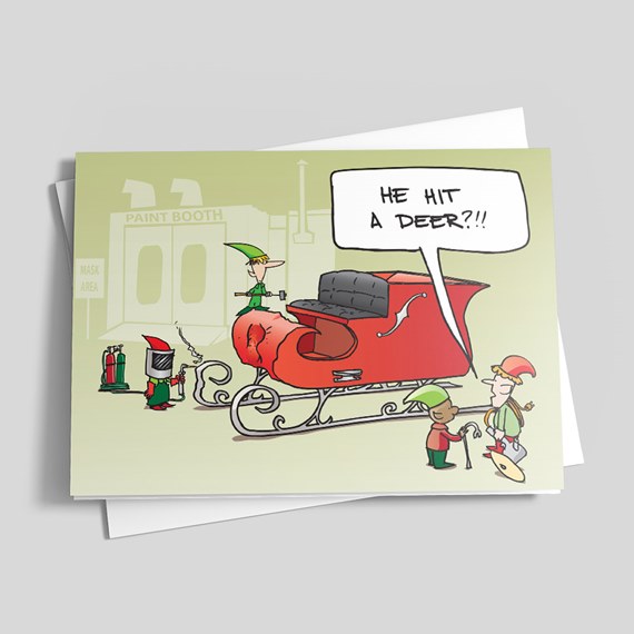 Holiday card with a damaged red sleigh, elves in a paint booth and a speech bubble saying 