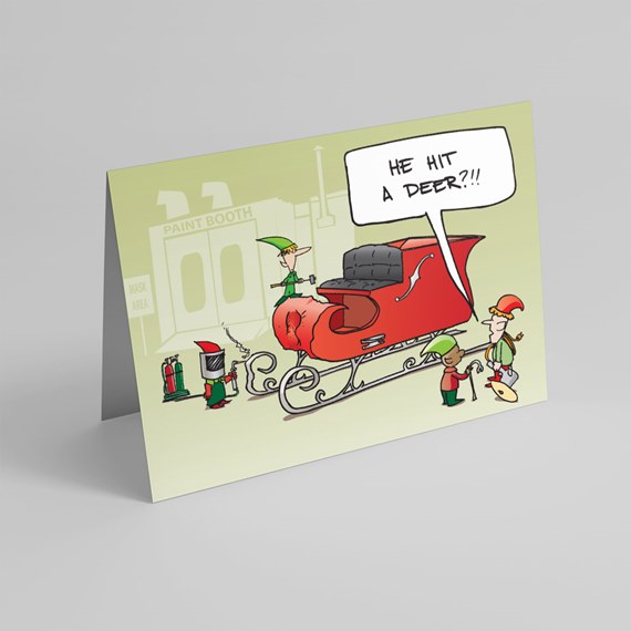 Folded greeting card with cartoon elves inspecting a dented red sleigh in a paint booth and a speech bubble saying 