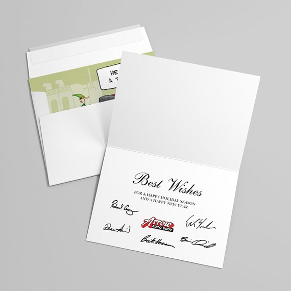 white folded greeting card opened to show 
