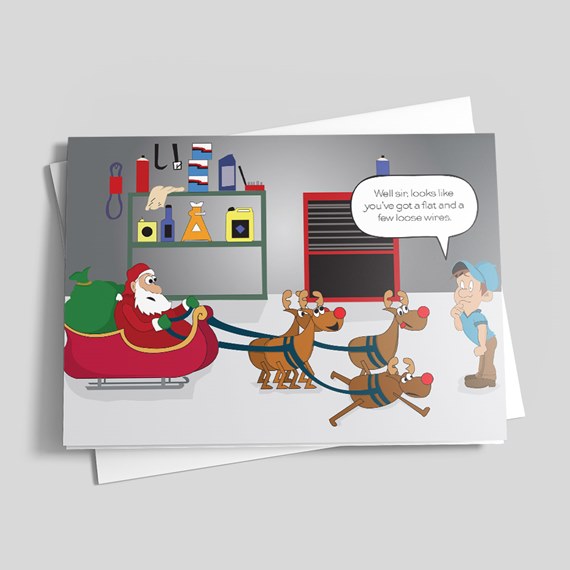 Illustrated Christmas card with Santa in a sleigh, three reindeer in a garage and a mechanic saying you have a flat and loose wires.