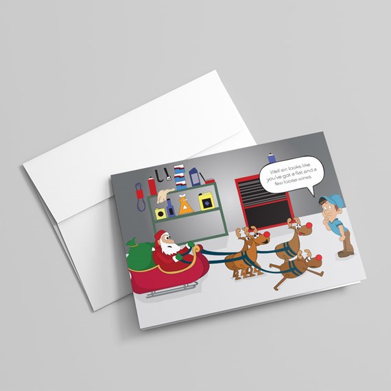 Cartoon holiday card: Santa in sleigh with three reindeer in a garage workshop and a mechanic with tools