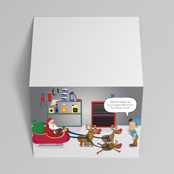 folded holiday greeting card with cartoon Santa in sleigh, reindeer, mechanic and garage tools