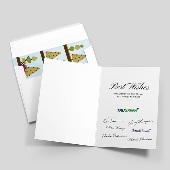 holiday card with tree design and customizable text area