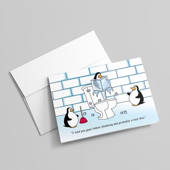 Greeting card showing cartoon penguins in a tiled bathroom with a toilet, ice block, scattered ice cubes and a plunger