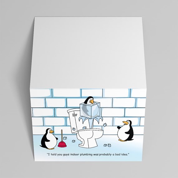 memo cube notepad with cartoon penguins and frozen toilet illustration