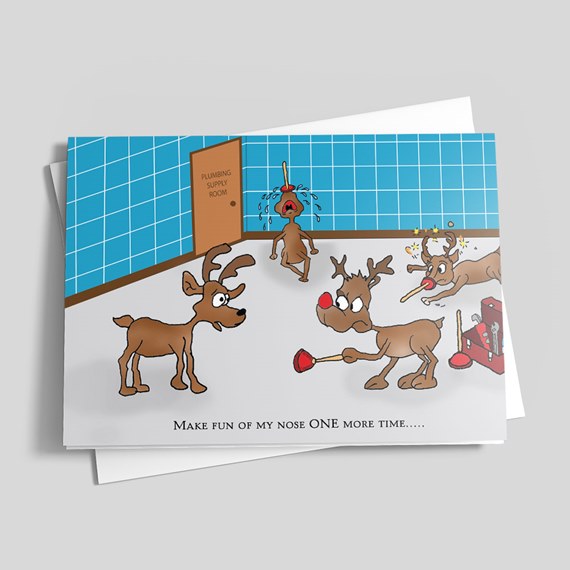 Humorous greeting card showing cartoon reindeer in a plumbing supply room with one reindeer having a red plunger on its nose