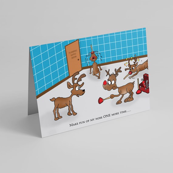 Folded greeting card with cartoon reindeer in a blue-tiled plumbing room playing with plungers; one reindeer has a plunger on its red nose.