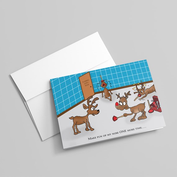 Greeting card showing cartoon reindeer in a blue-tiled room, one with a red nose holding a plunger, envelope visible