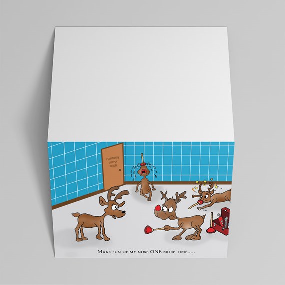 Folded greeting card with cartoon reindeer in a blue-tiled plumbing supply room using plungers; one reindeer has a red nose and a plunger on its face. Caption reads 