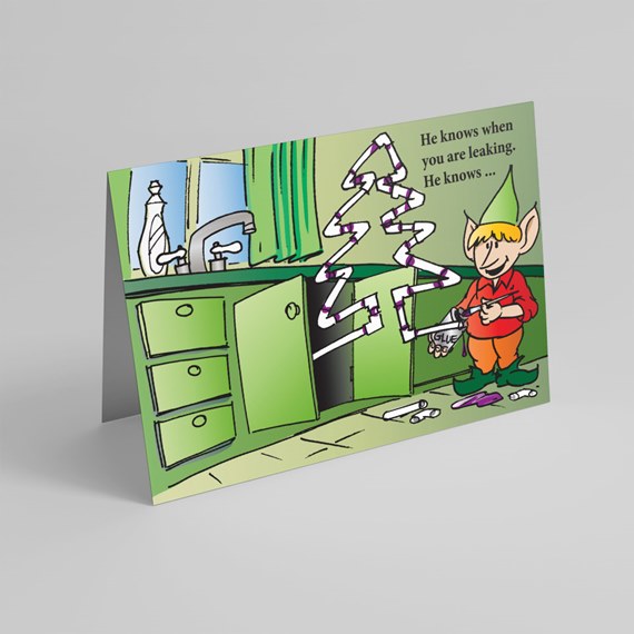 cartoon elf in green kitchen with glue jar, photo placeholder