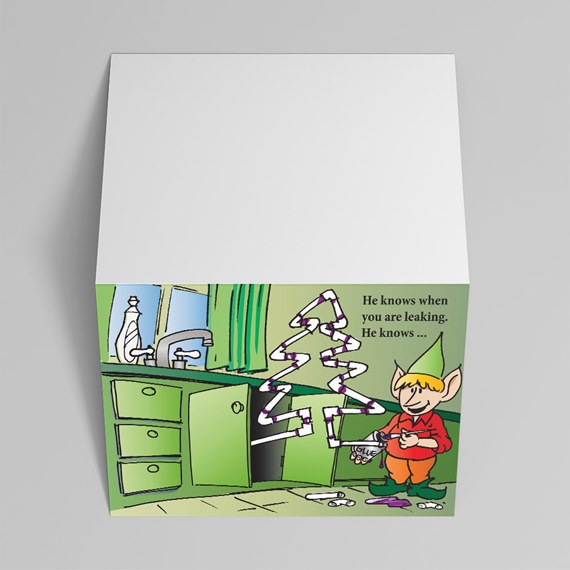 cartoon elf in kitchen with pipe tree and text