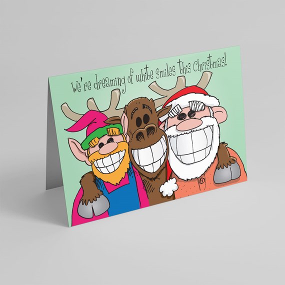 cartoon holiday card with reindeer and festive characters