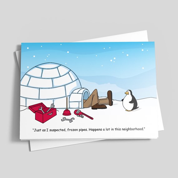 cartoon igloo scene with tools and penguin