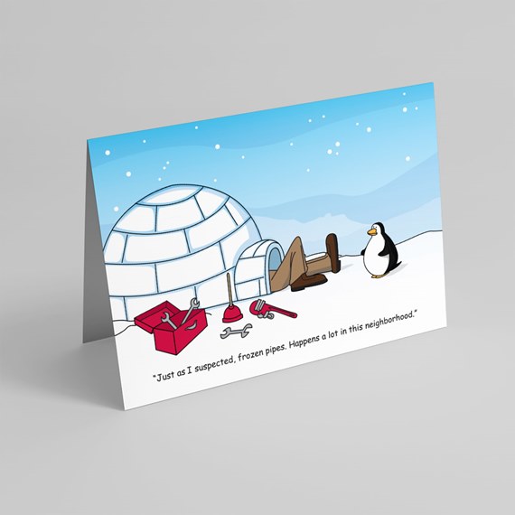 cartoon igloo scene with plumbing tools and penguin