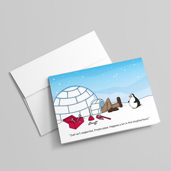 illustration of igloo, penguin, tools, and snowy background