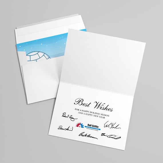 greeting card with snowflakes and igloo design, customizable text area