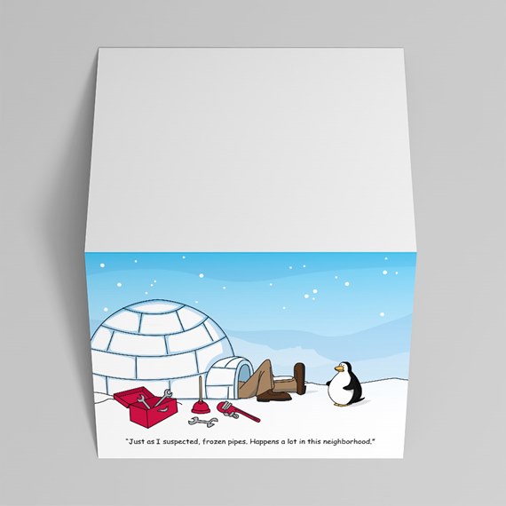cartoon igloo scene with penguin and tools