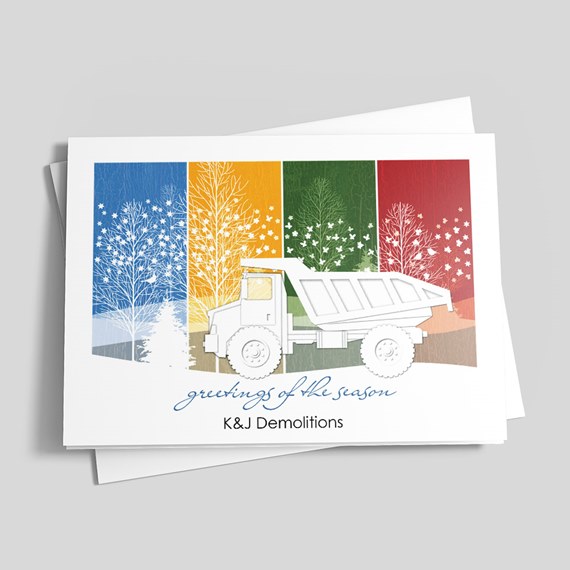 seasonal greeting card with truck and trees