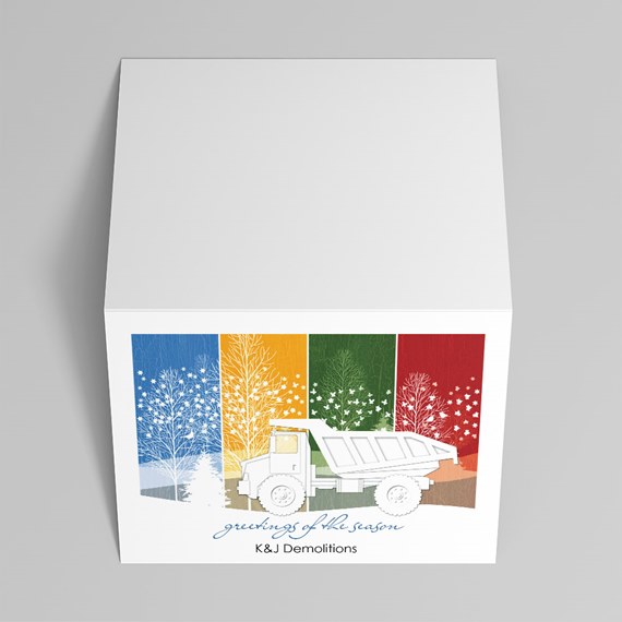 colorful card design with dump truck and tree silhouettes