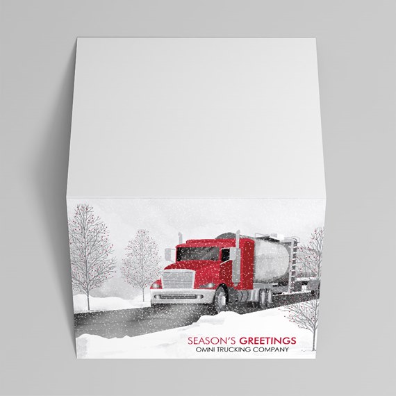 folded holiday card with red semi truck in snowy winter scene