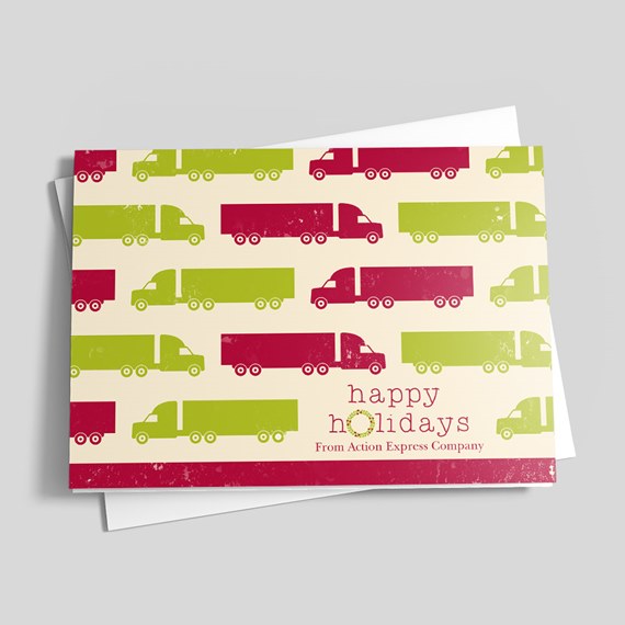 holiday card with truck pattern and customizable text area