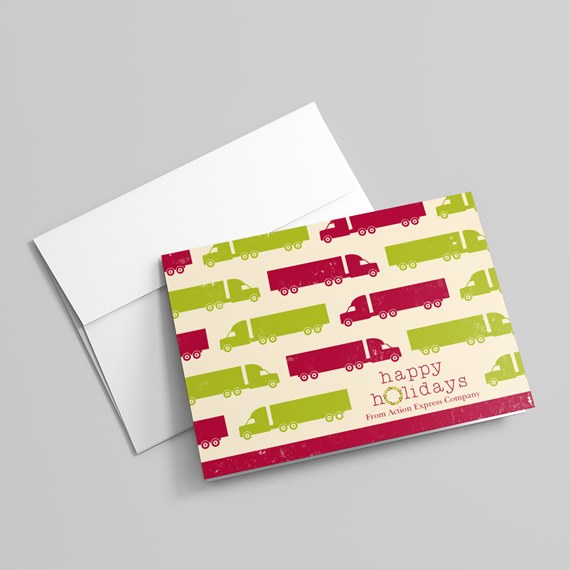 holiday card with truck pattern and customizable text area