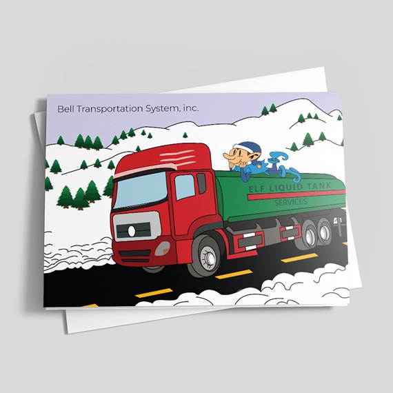 cartoon truck with elf character, snowy landscape
