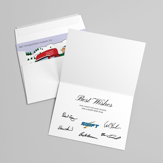 holiday greeting card with truck illustration and signatures